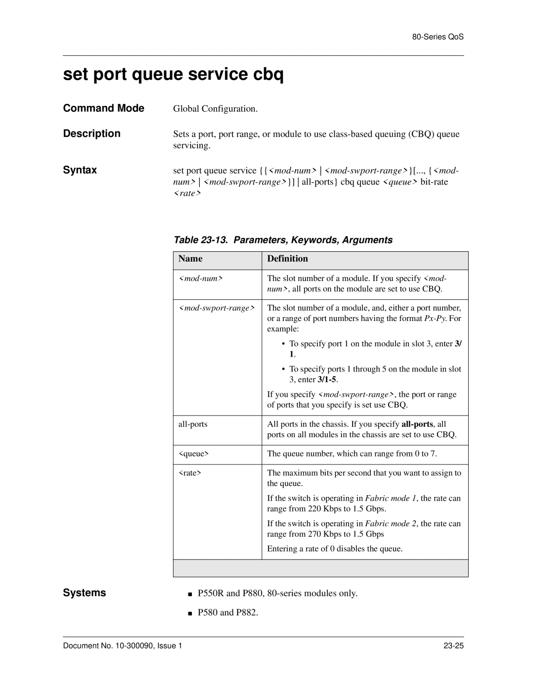 Avaya 106760804 manual Set port queue service cbq 