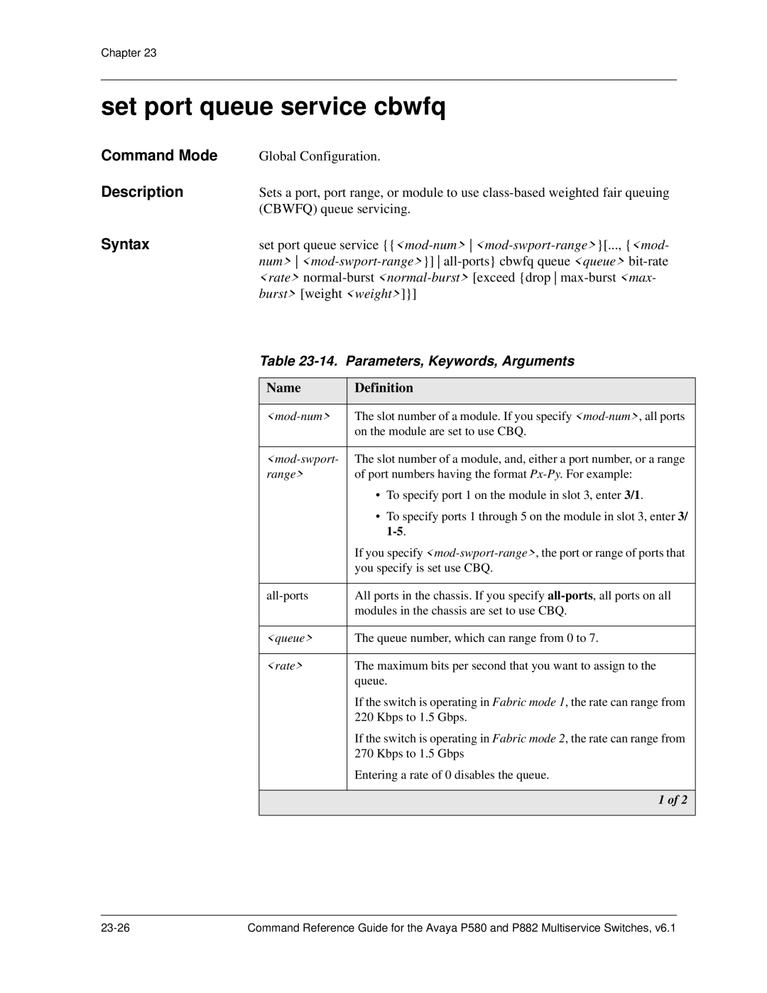 Avaya 106760804 manual Set port queue service cbwfq, Parameters, Keywords, Arguments 