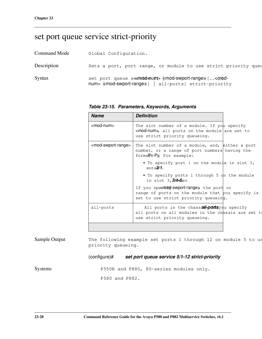 Avaya 106760804 manual Set port queue service strict-priority, Configure# set port queue service 5/1-12 strict-priority 