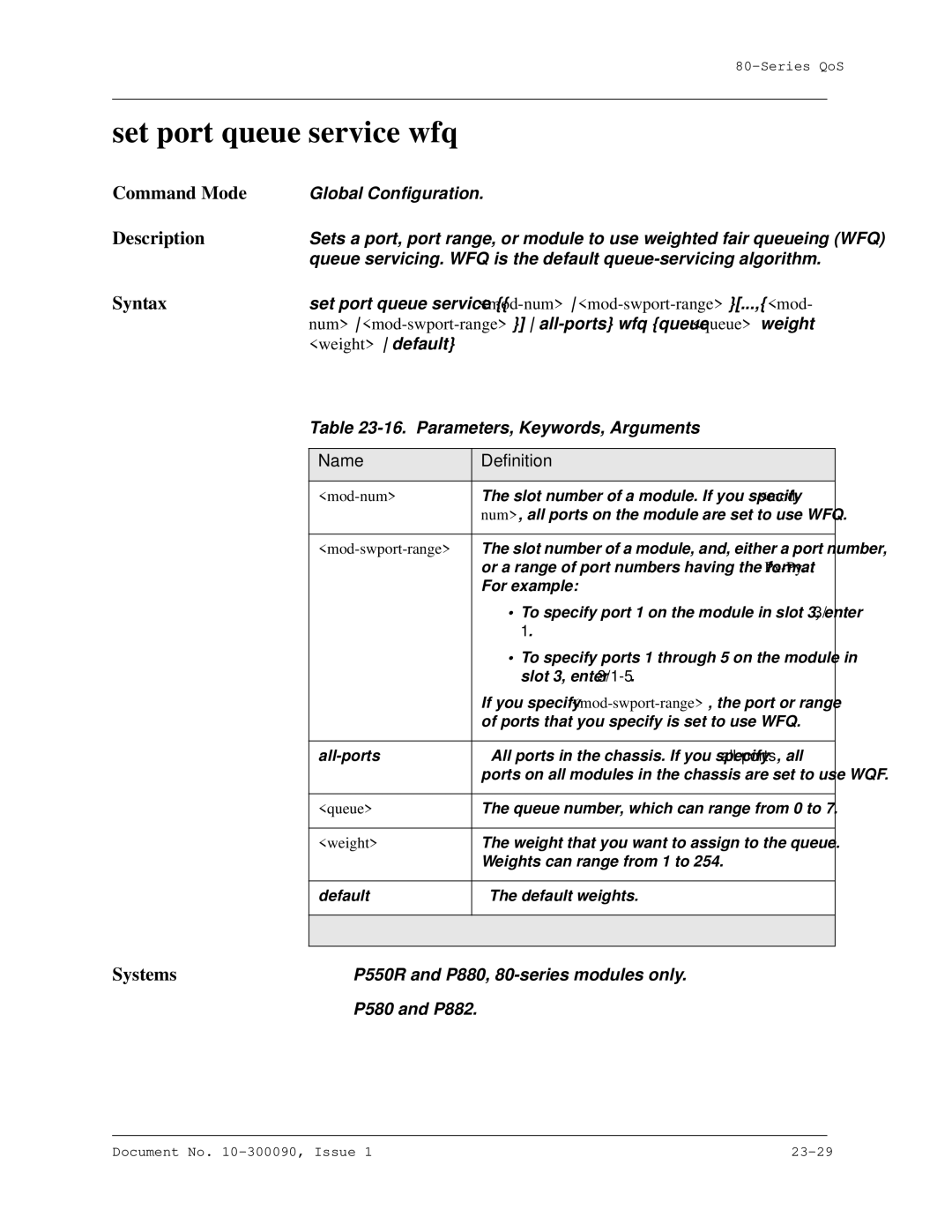 Avaya 106760804 manual Set port queue service wfq 