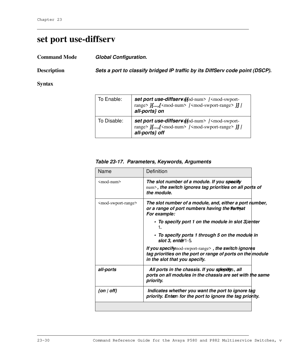 Avaya 106760804 manual Set port use-diffserv, To Enable 