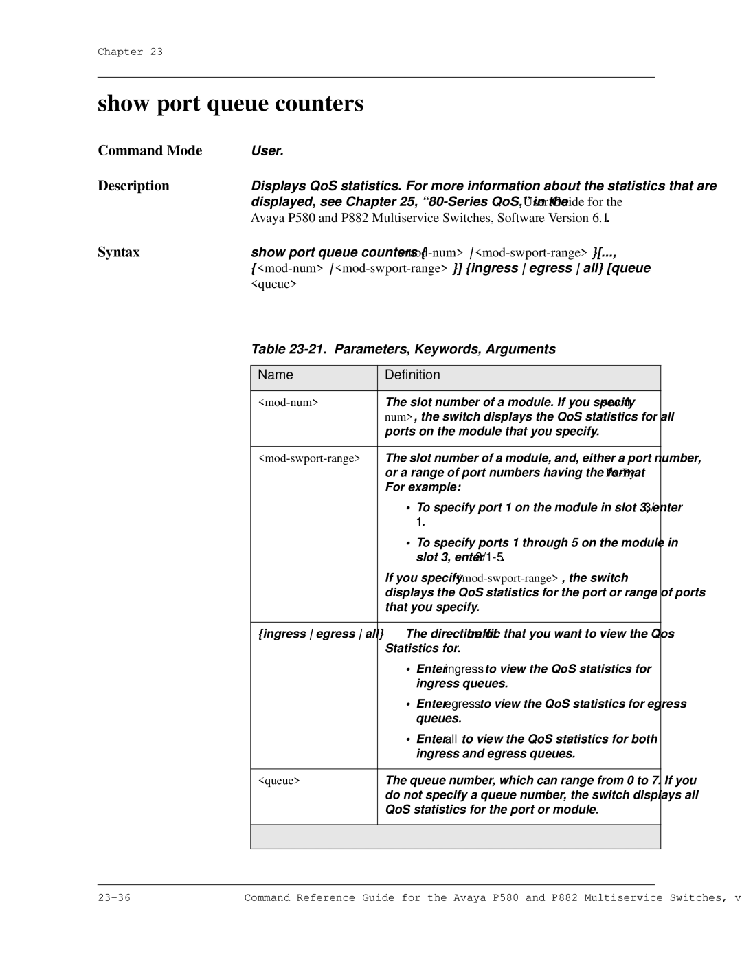 Avaya 106760804 manual Show port queue counters, Parameters, Keywords, Arguments 