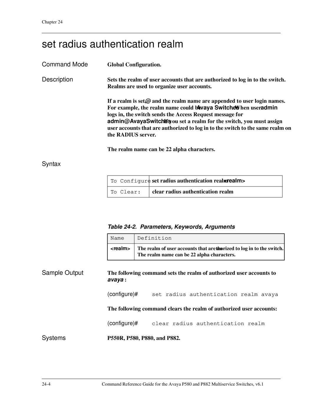 Avaya 106760804 manual Set radius authentication realm, Configure# set radius authentication realm avaya 