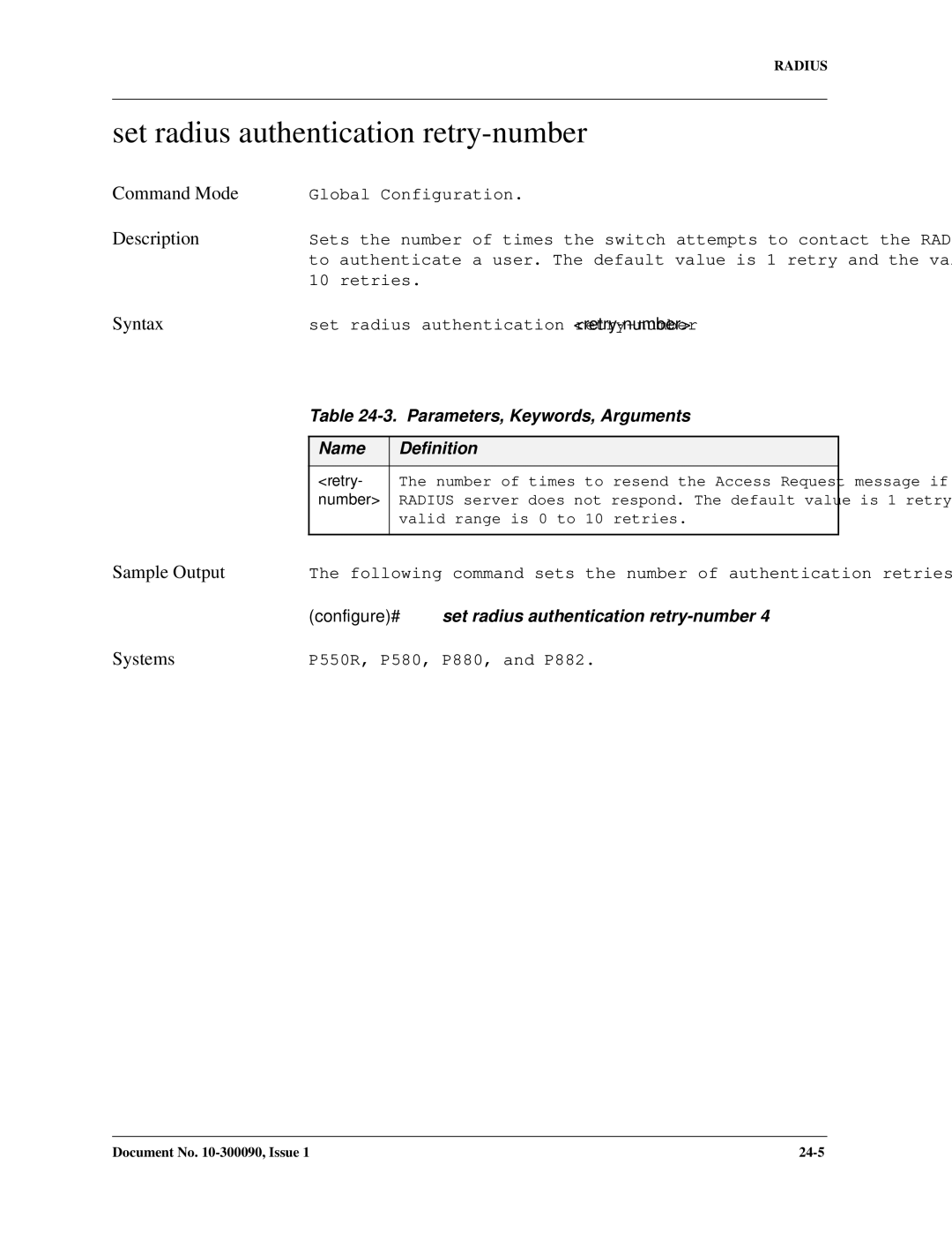 Avaya 106760804 manual Set radius authentication retry-number 