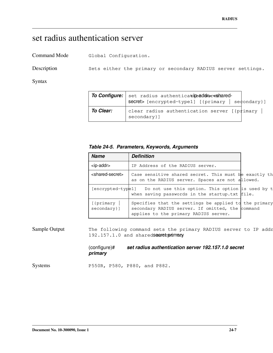 Avaya 106760804 manual Set radius authentication server, To Configure 