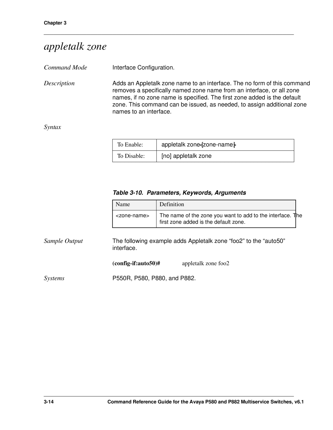 Avaya 106760804 manual Appletalk zone, Parameters, Keywords, Arguments 