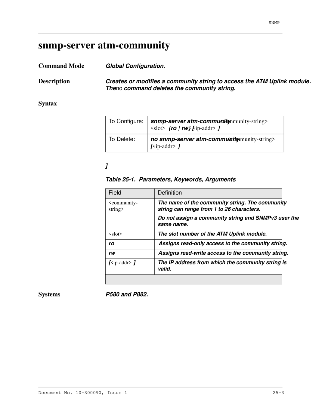 Avaya 106760804 manual Snmp-server atm-community, Field Definition, Community, Slot 