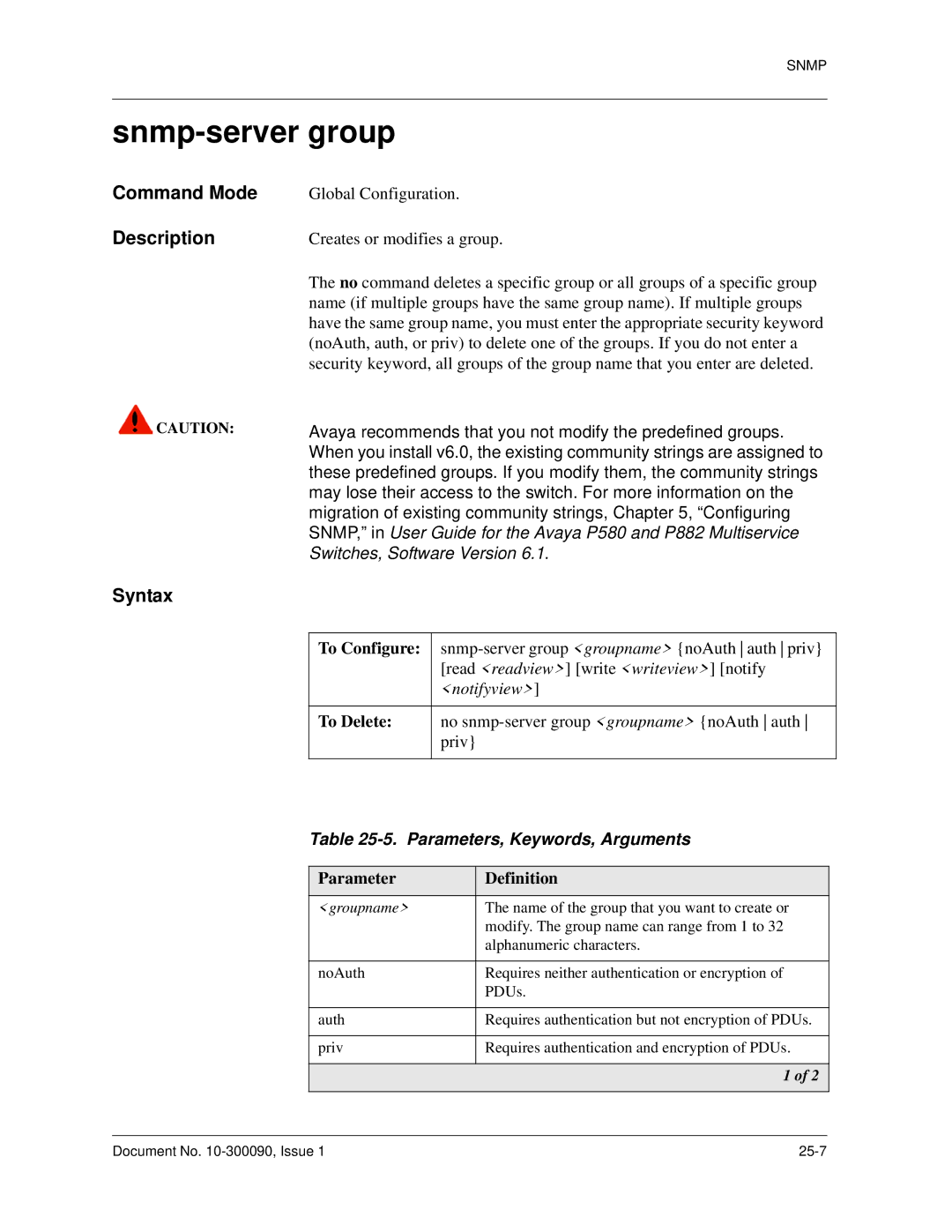 Avaya 106760804 manual Snmp-server group, Command Mode Description 