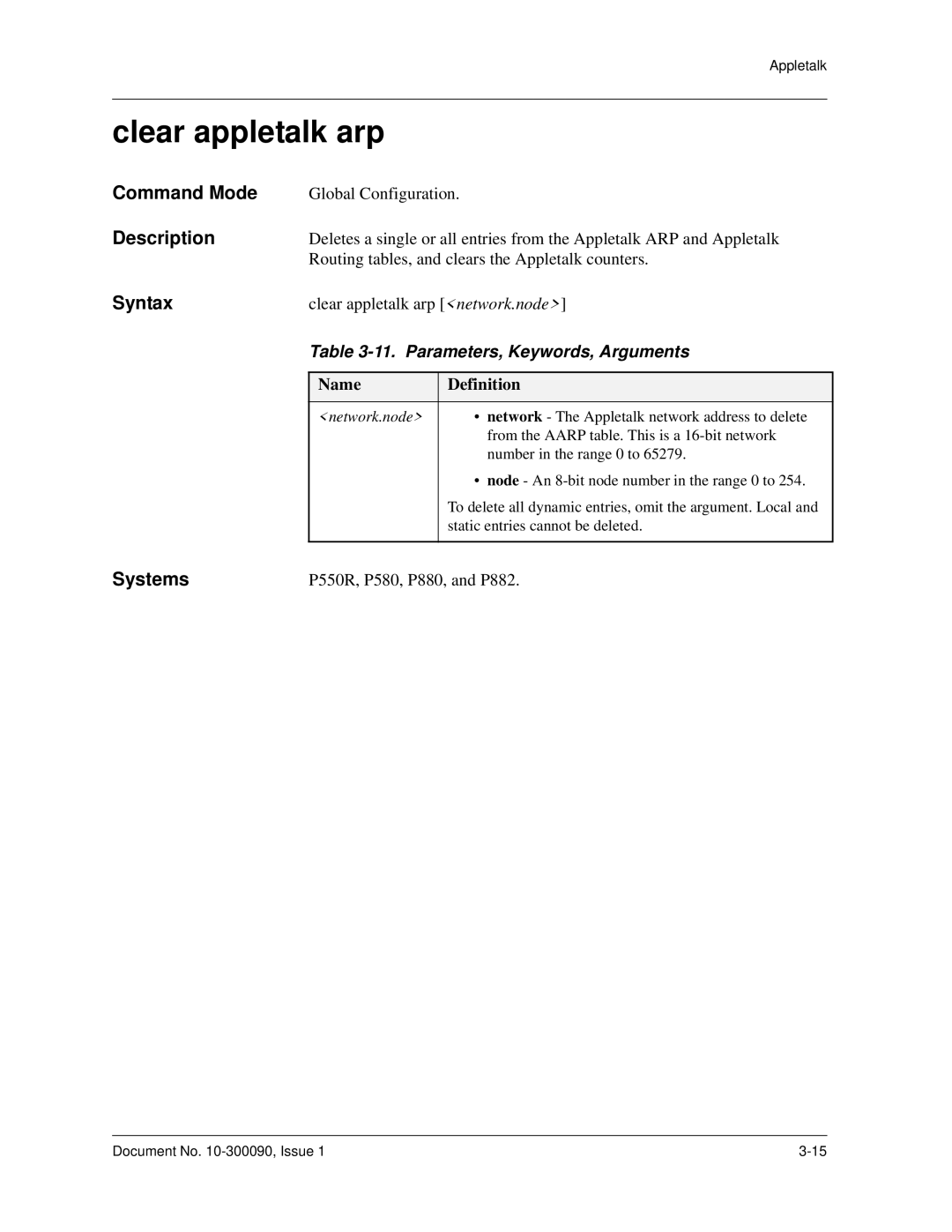Avaya 106760804 manual Clear appletalk arp, Parameters, Keywords, Arguments 