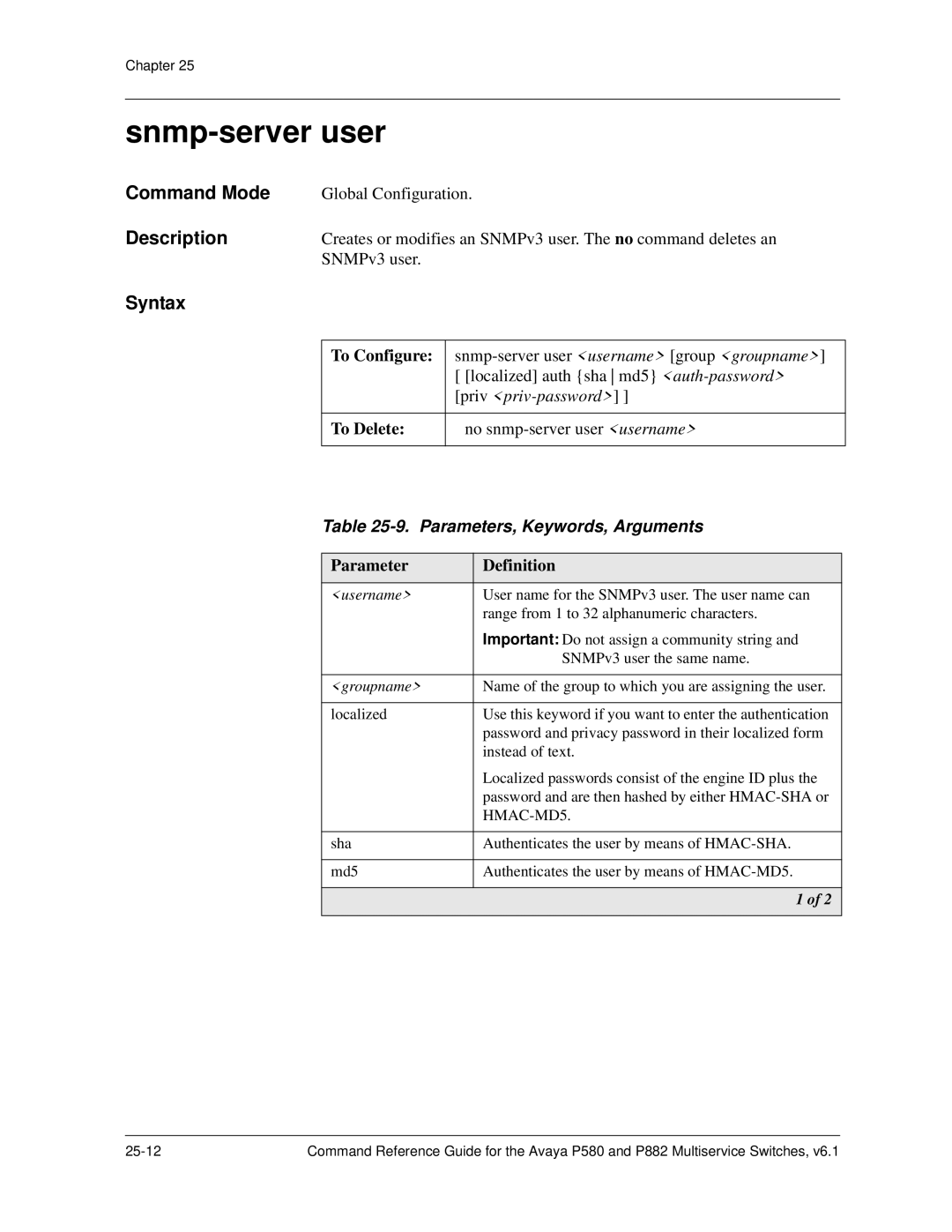 Avaya 106760804 manual Snmp-server user, HMAC-MD5 