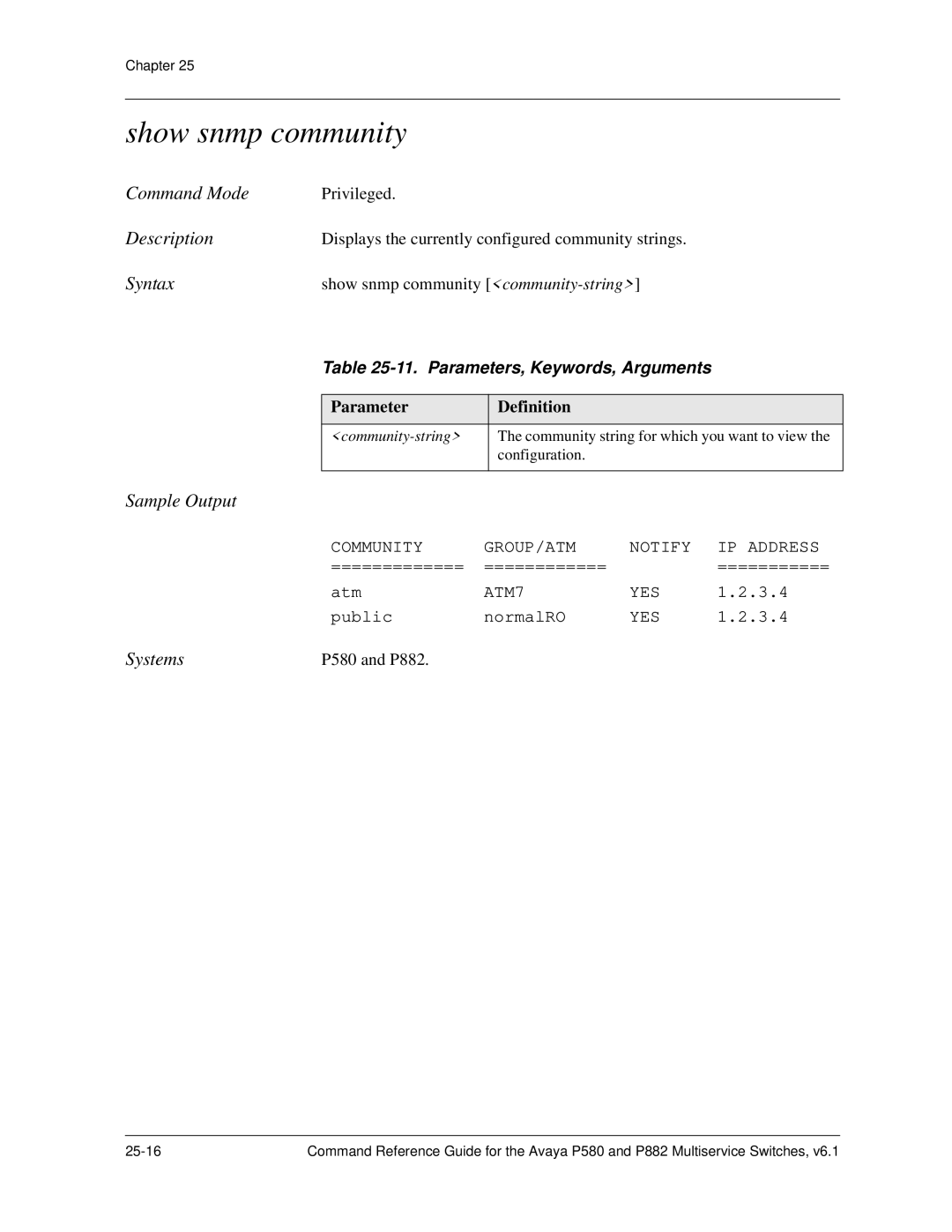 Avaya 106760804 manual Show snmp community, Parameters, Keywords, Arguments 