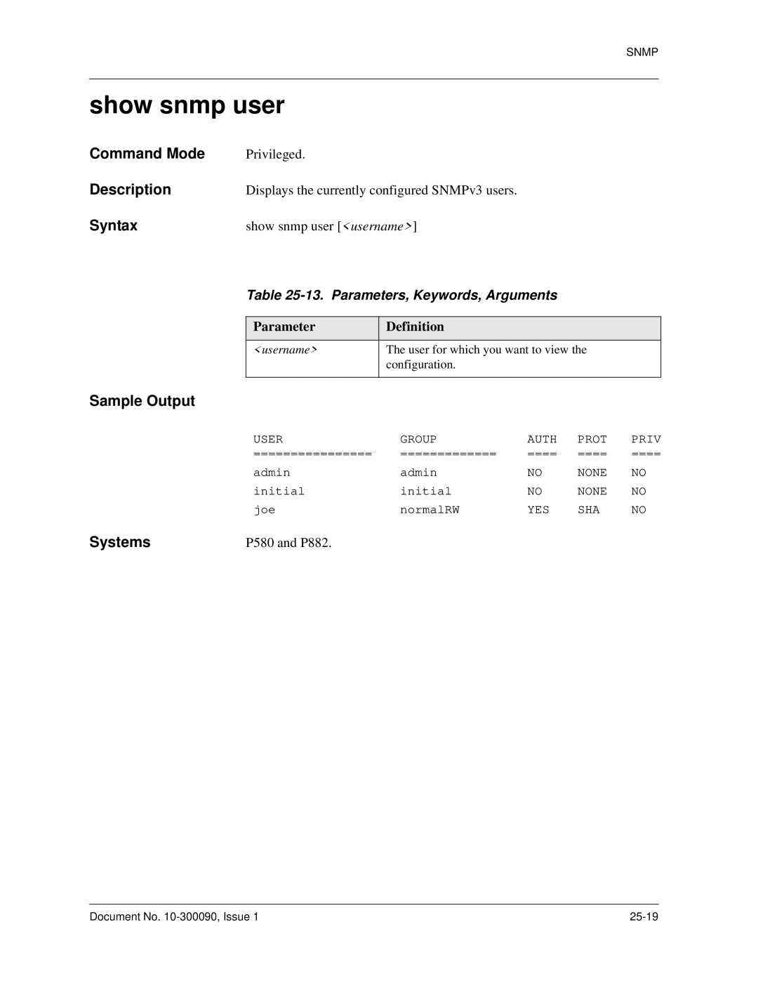 Avaya 106760804 manual Show snmp user, Username User for which you want to view Configuration 