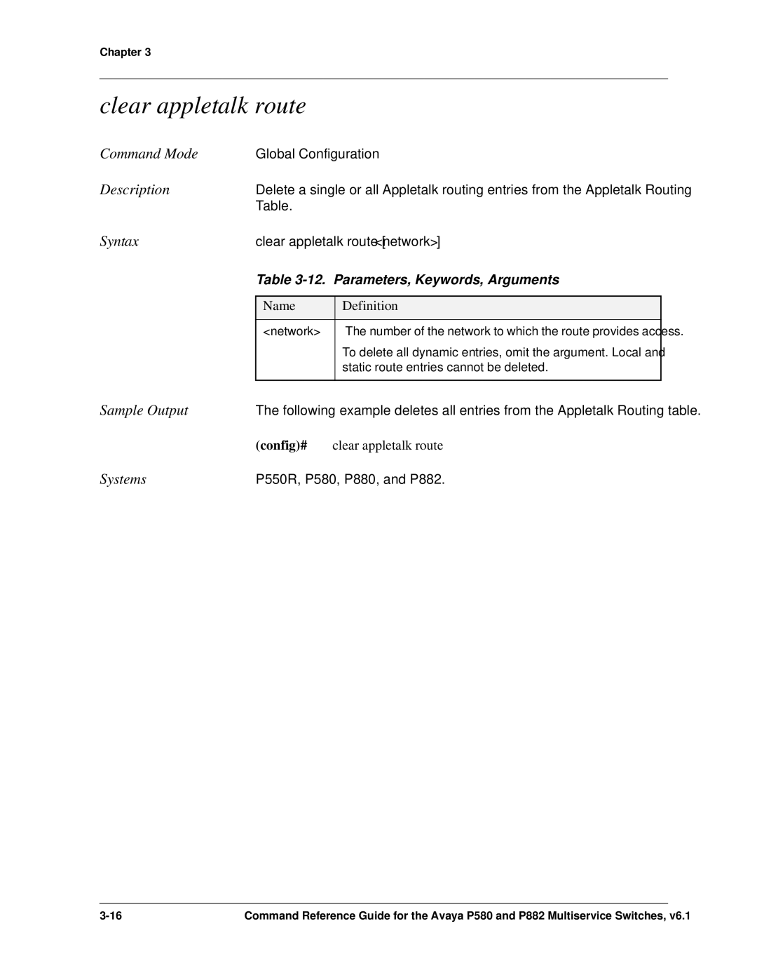 Avaya 106760804 manual Clear appletalk route, Parameters, Keywords, Arguments, Config# clear appletalk route, Network 