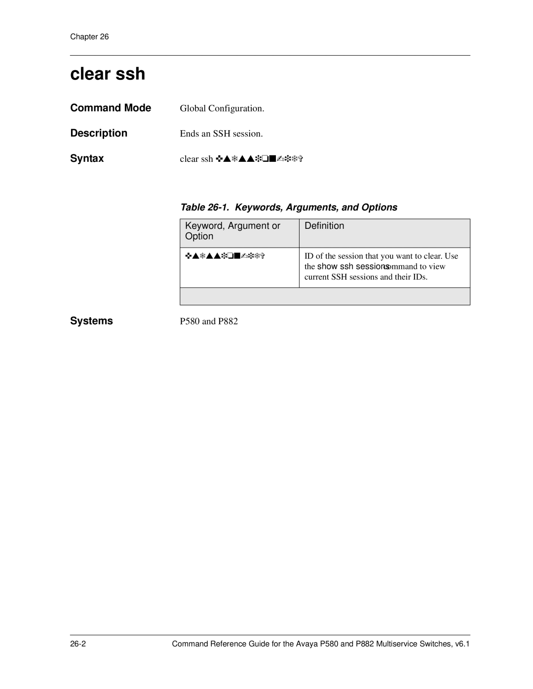 Avaya 106760804 manual Clear ssh, Ends an SSH session 