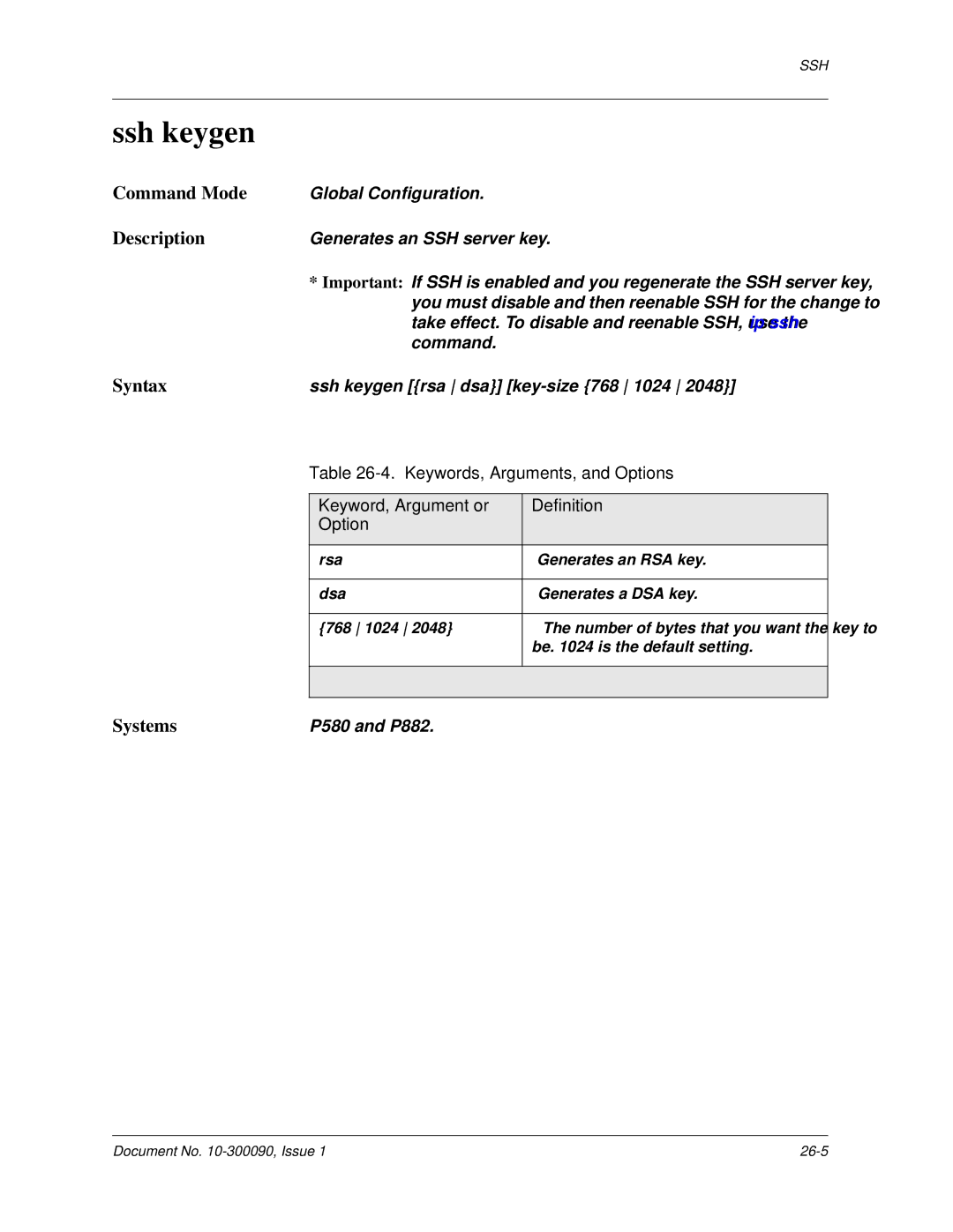 Avaya 106760804 manual Ssh keygen, Generates an SSH server key 