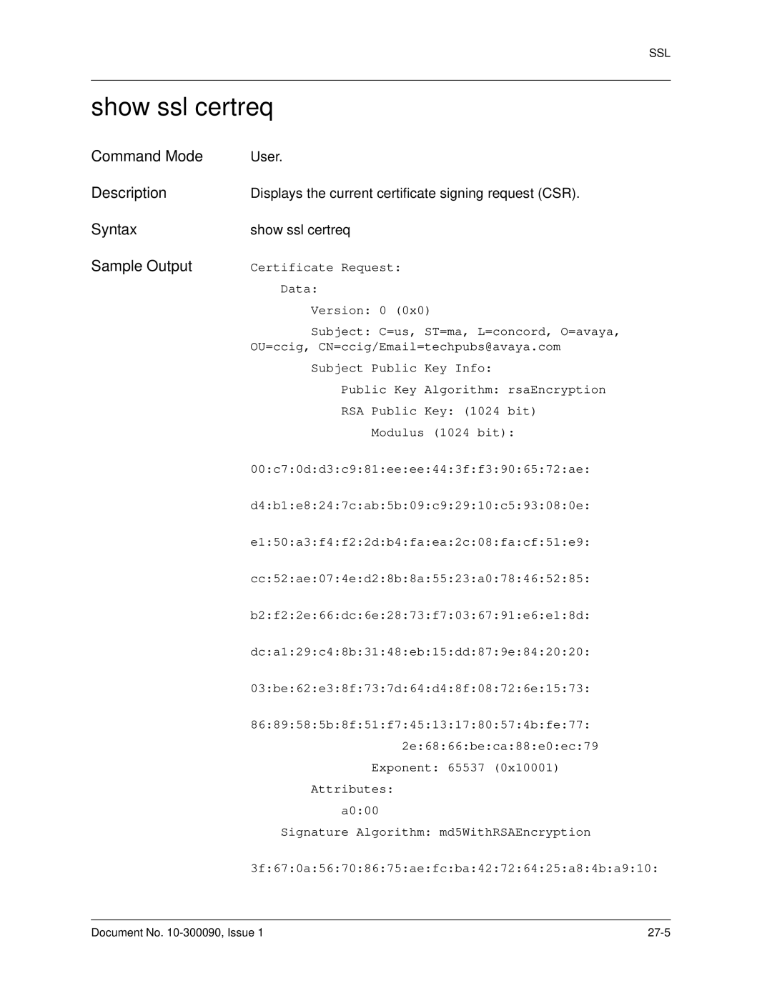 Avaya 106760804 manual Show ssl certreq, 3f670a56708675aefcba42726425a84ba910 