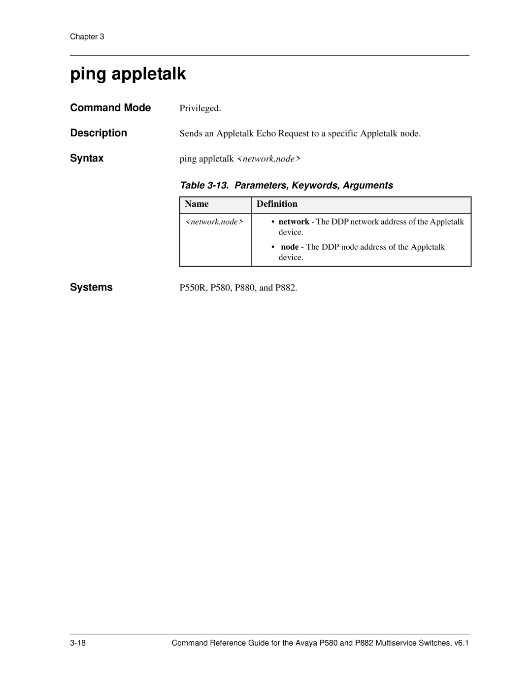 Avaya 106760804 manual Ping appletalk, Parameters, Keywords, Arguments 