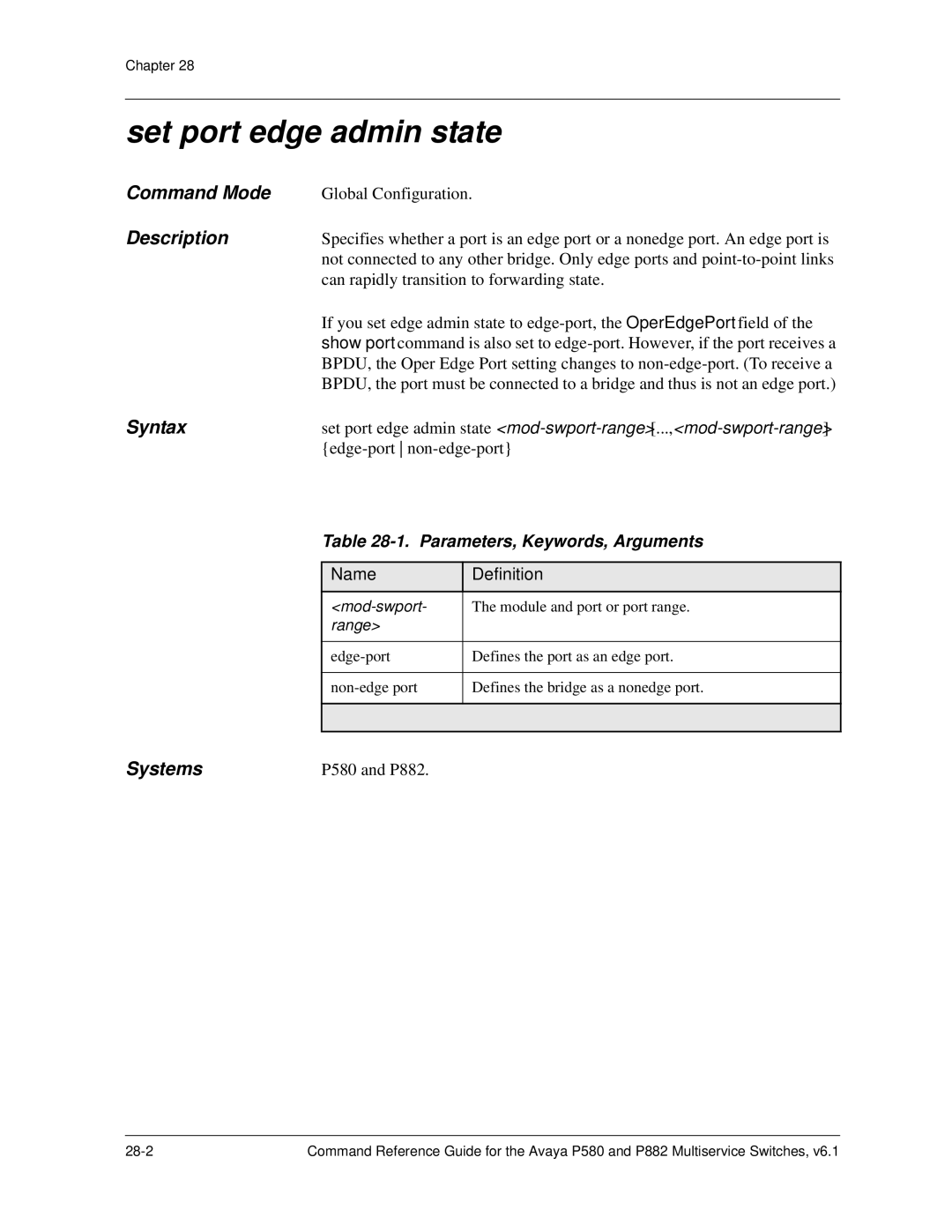 Avaya 106760804 manual Set port edge admin state 