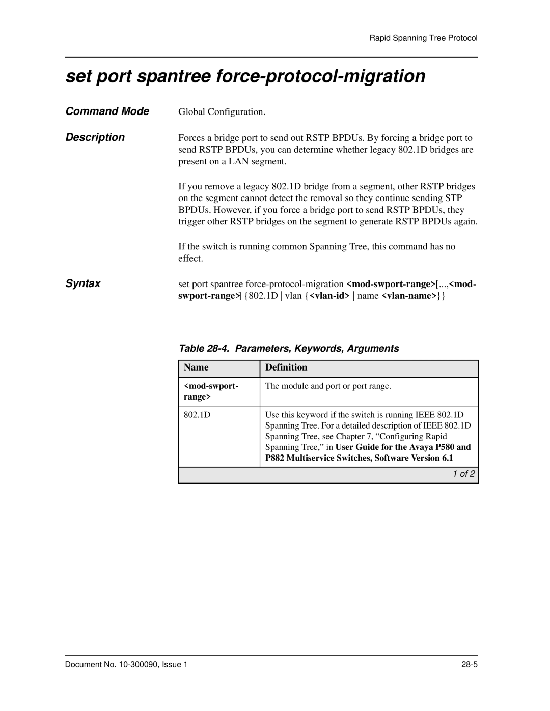 Avaya 106760804 manual Set port spantree force-protocol-migration 