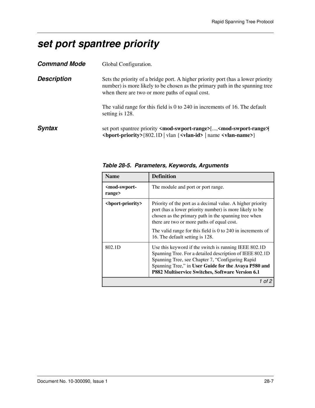 Avaya 106760804 manual Set port spantree priority 