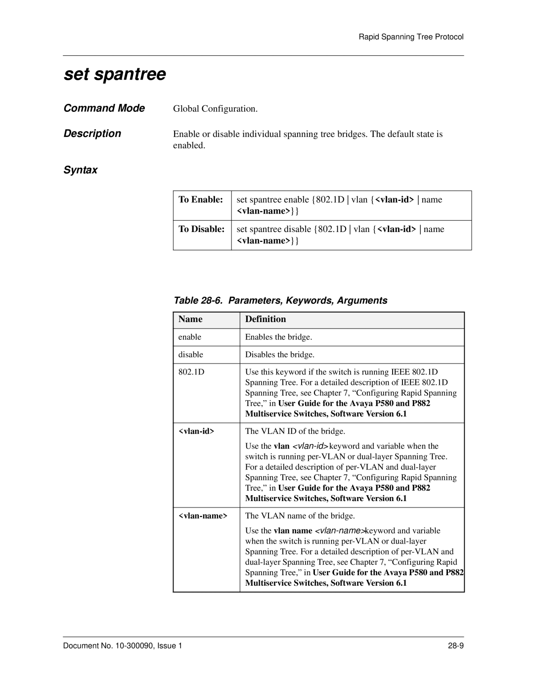 Avaya 106760804 Set spantree, Tree, in User Guide for the Avaya P580 and P882, Multiservice Switches, Software Version 