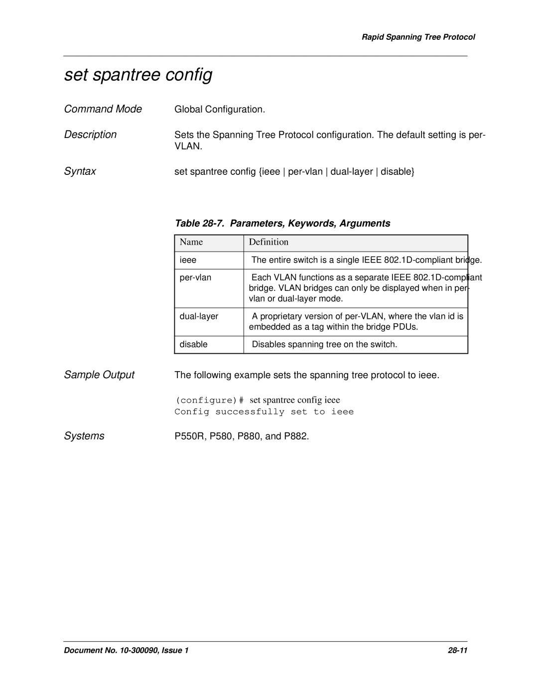 Avaya 106760804 manual Set spantree config, Configure# set spantree config ieee 