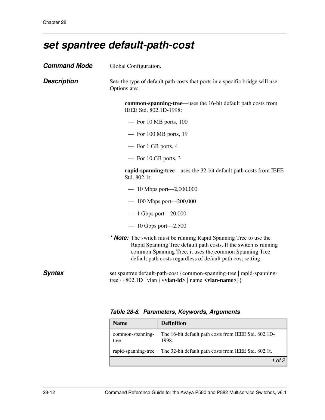 Avaya 106760804 manual Set spantree default-path-cost 