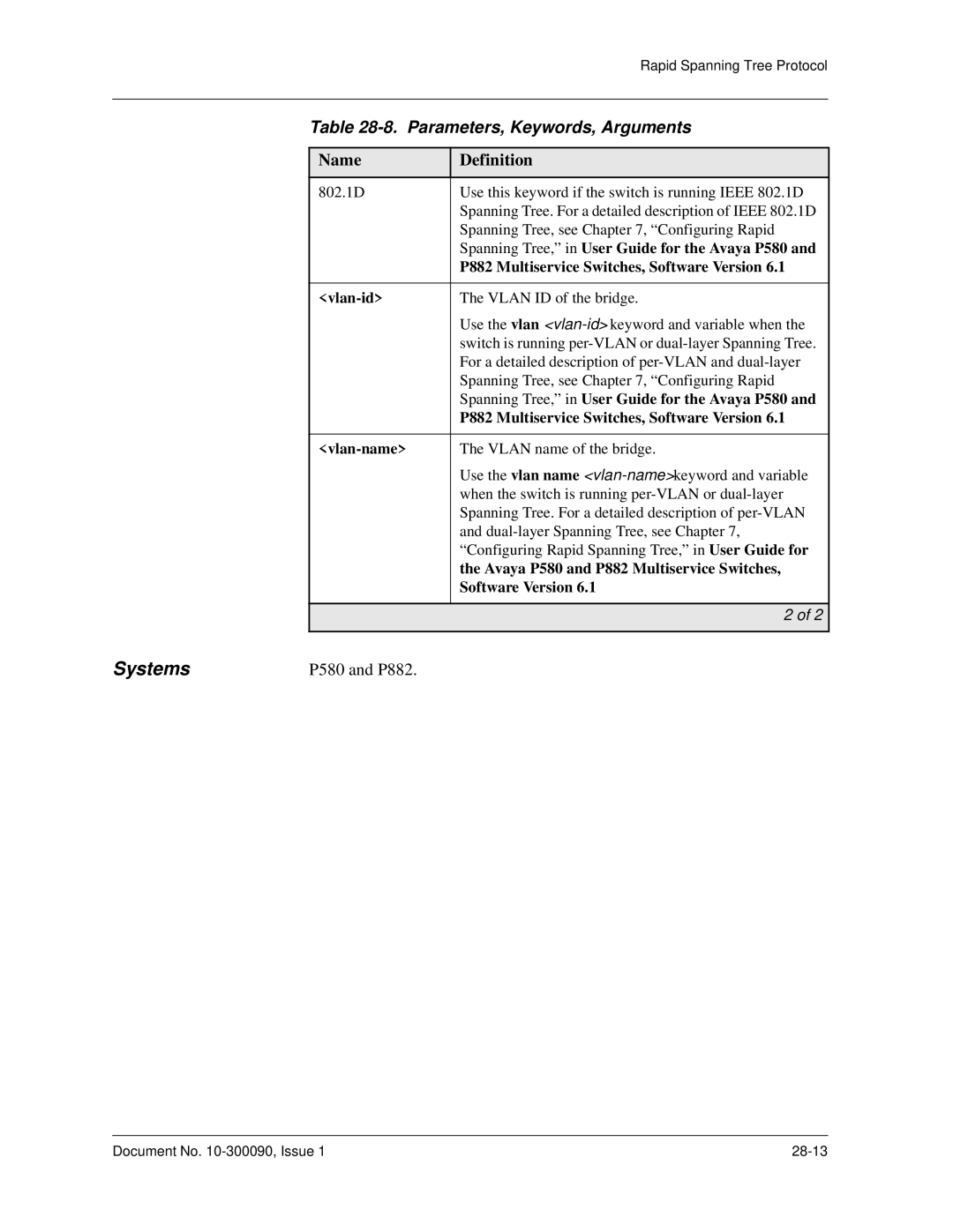 Avaya 106760804 manual Spanning Tree, in User Guide for the Avaya P580, Software Version 