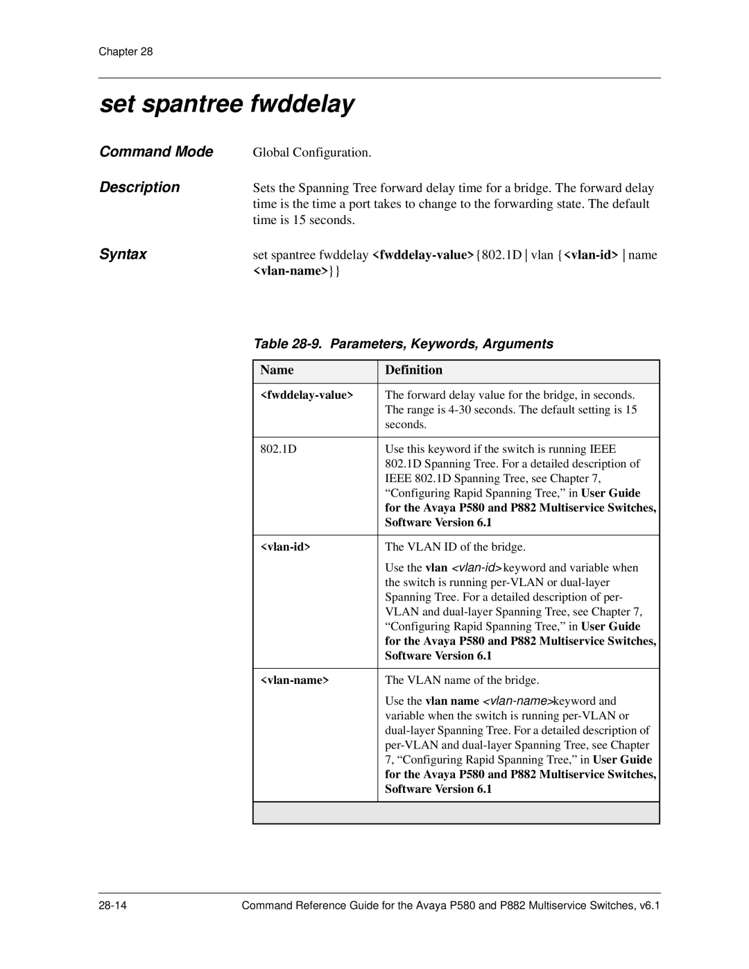 Avaya 106760804 manual Set spantree fwddelay 