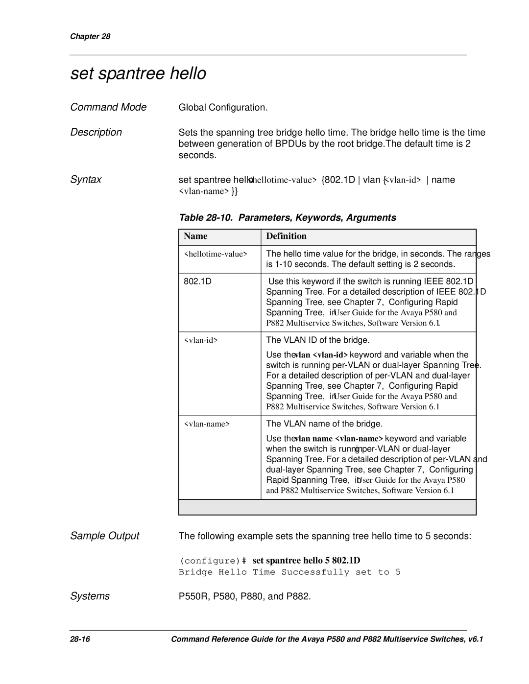 Avaya 106760804 manual Set spantree hello, Parameters, Keywords, Arguments 