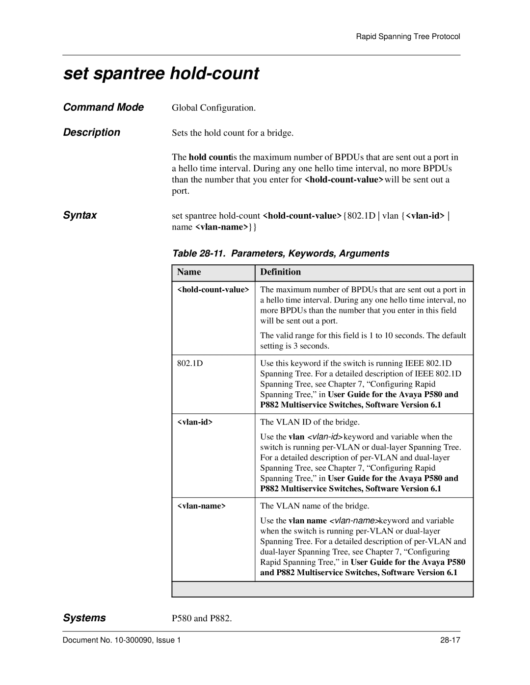 Avaya 106760804 manual Set spantree hold-count, Parameters, Keywords, Arguments 