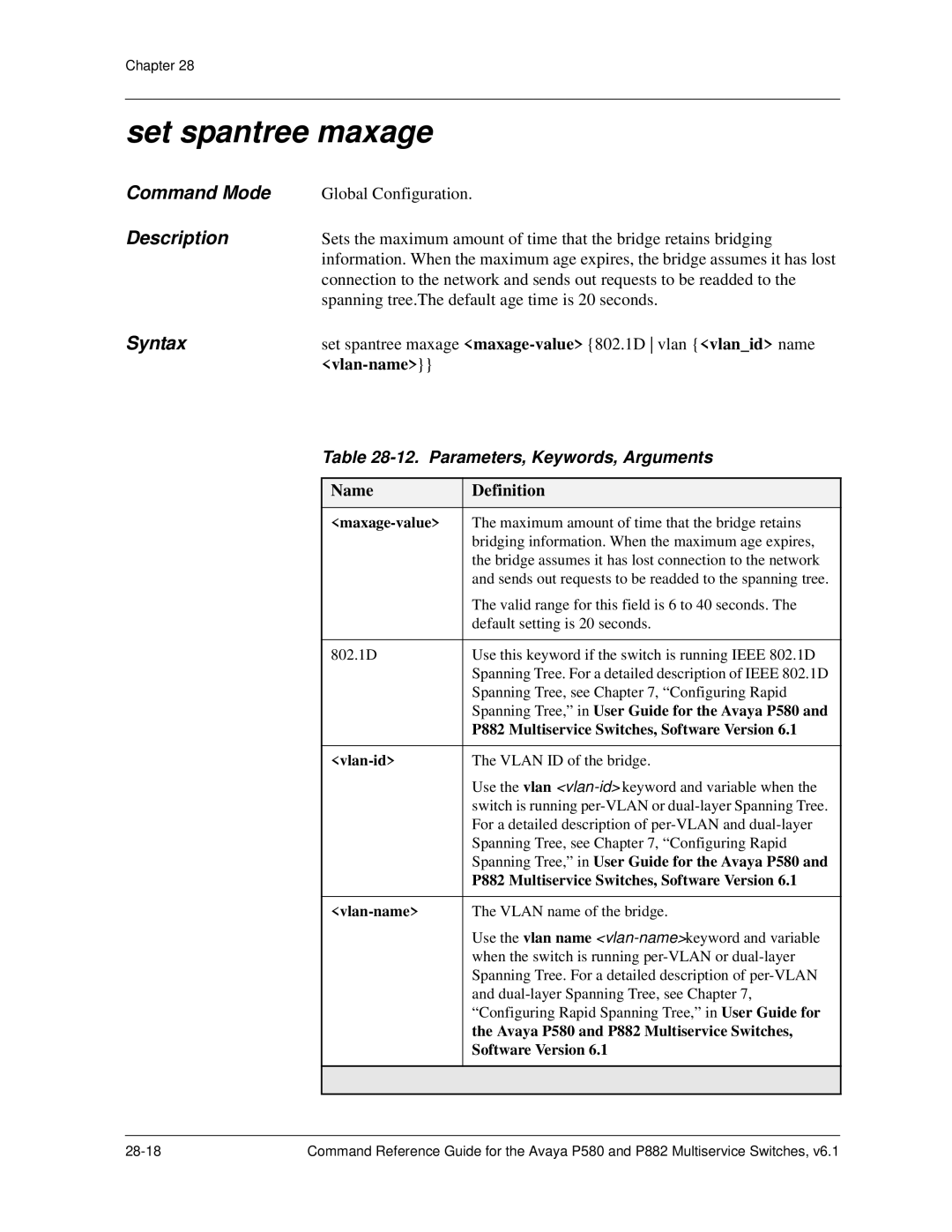 Avaya 106760804 manual Set spantree maxage, Parameters, Keywords, Arguments 