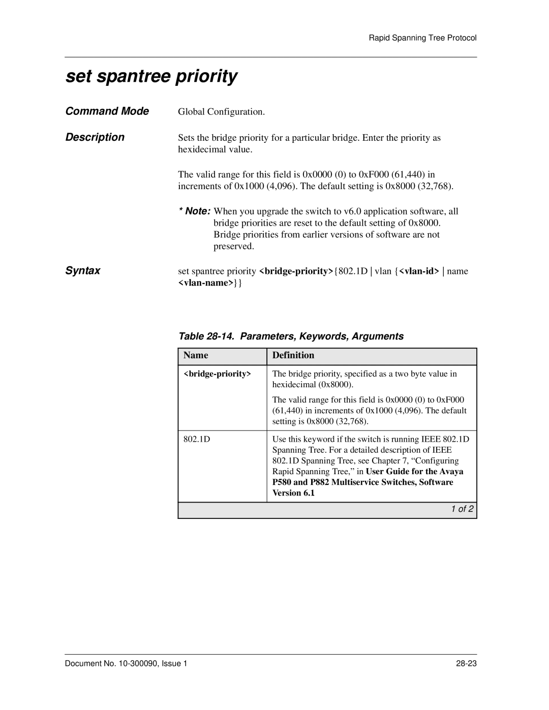 Avaya 106760804 manual Set spantree priority, Parameters, Keywords, Arguments 