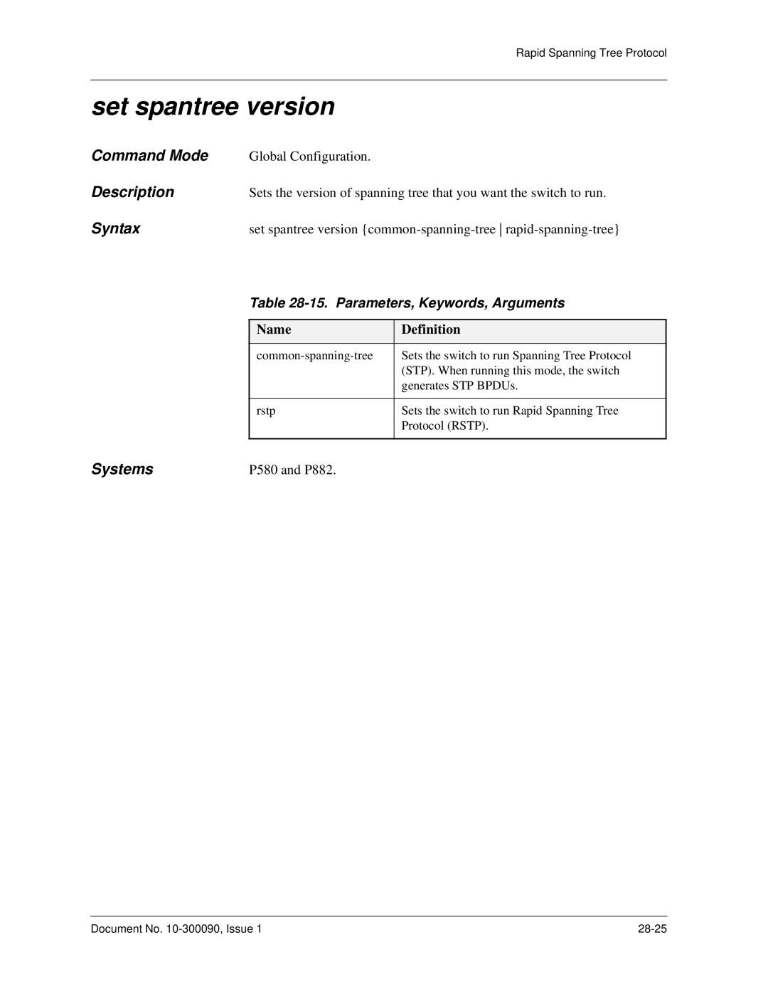 Avaya 106760804 manual Set spantree version, Parameters, Keywords, Arguments 