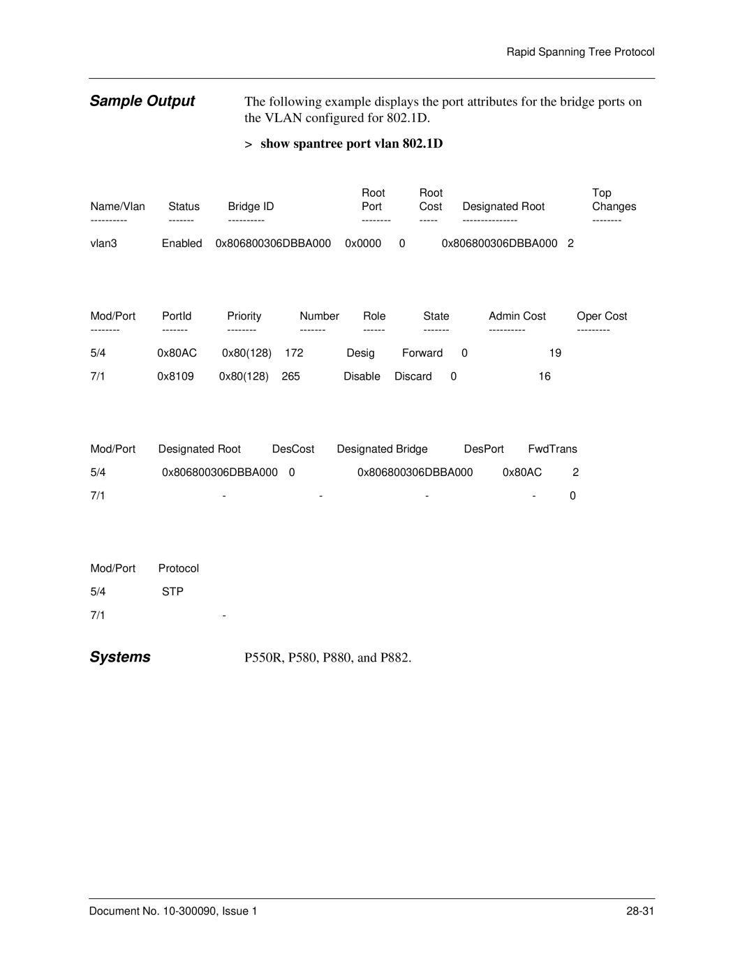 Avaya 106760804 manual Show spantree port vlan 802.1D 