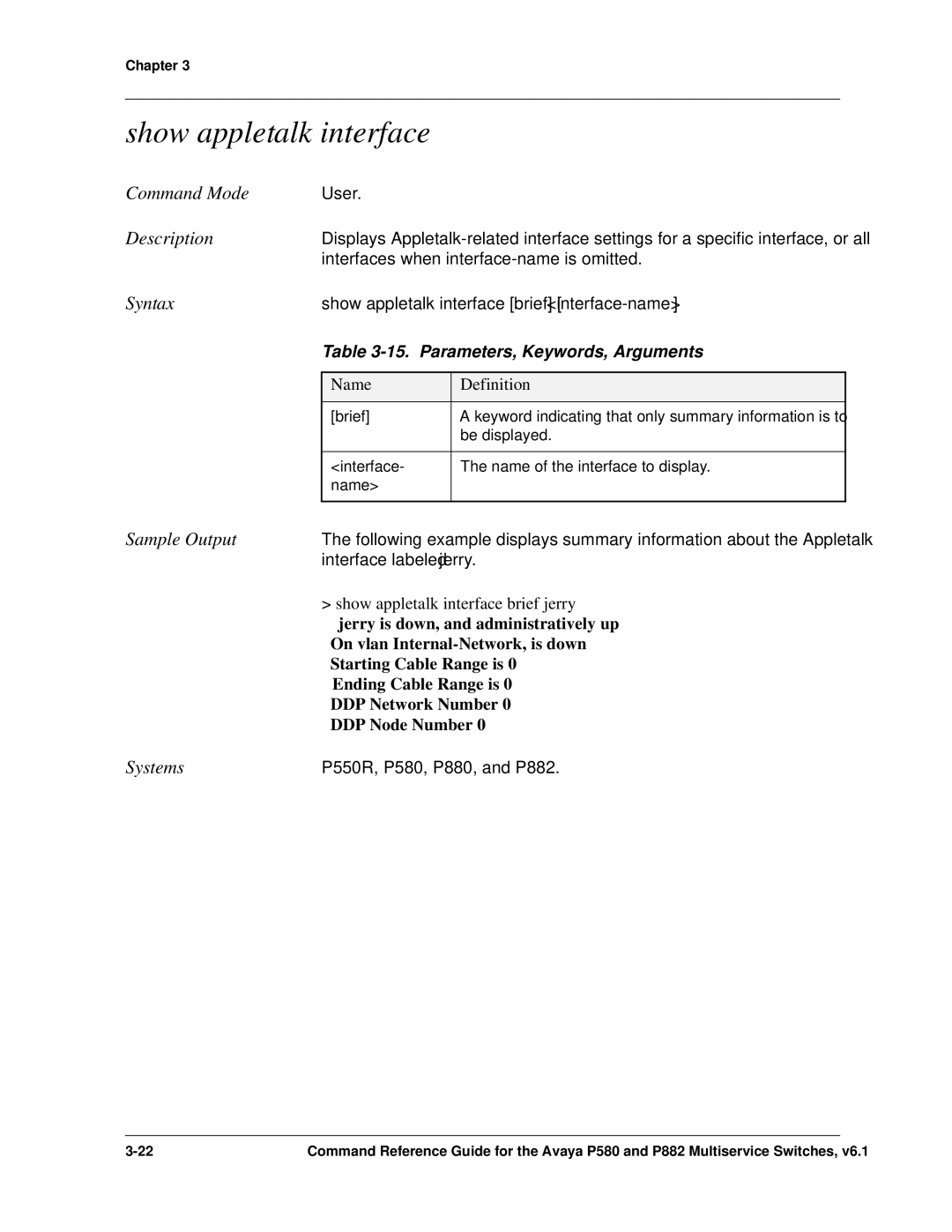 Avaya 106760804 manual Parameters, Keywords, Arguments, Show appletalk interface brief jerry, Interface 