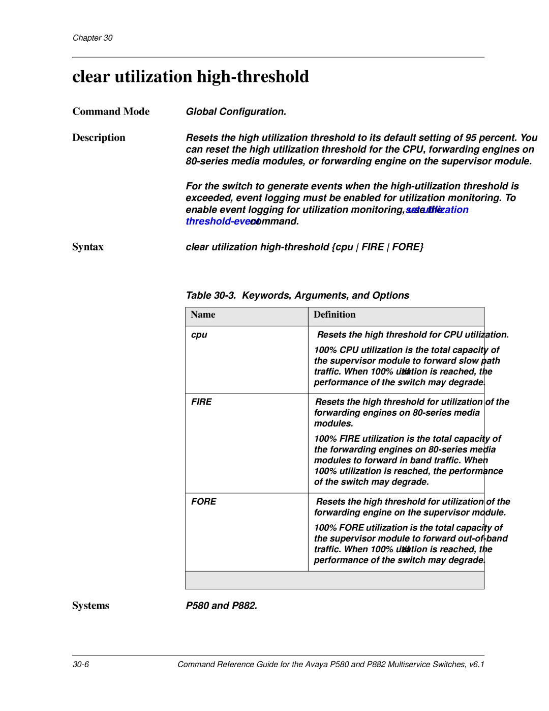 Avaya 106760804 manual Clear utilization high-threshold, Fire 