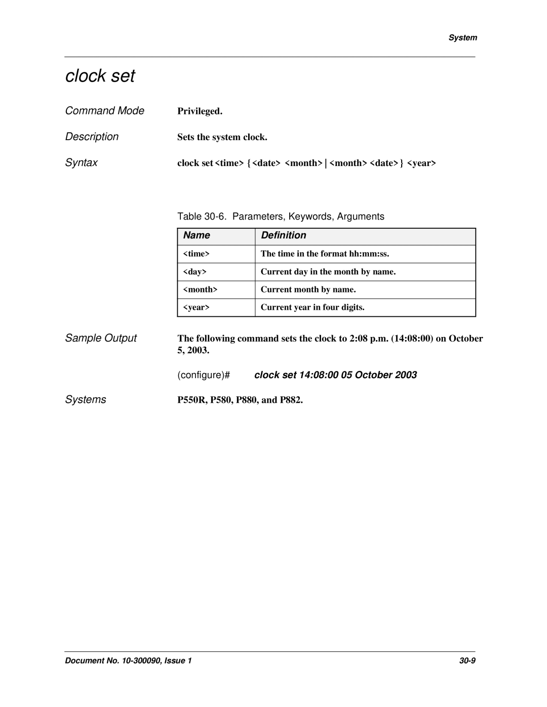 Avaya 106760804 manual Clock set, Parameters, Keywords, Arguments 