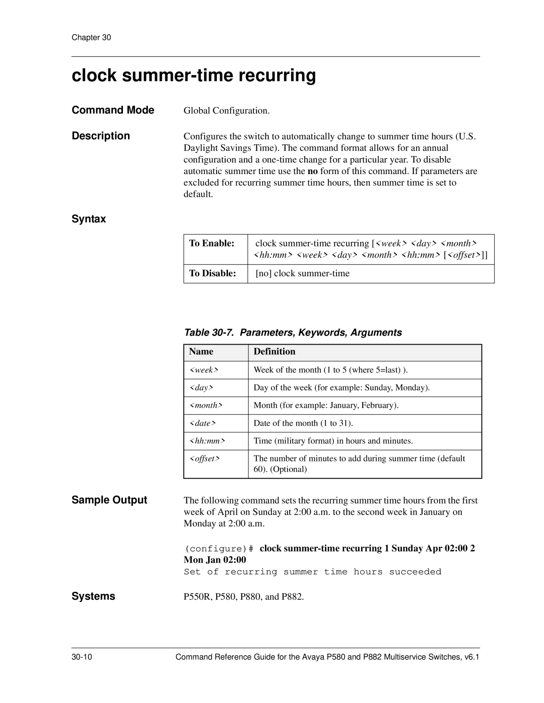 Avaya 106760804 manual Clock summer-time recurring, Monday at 200 a.m 