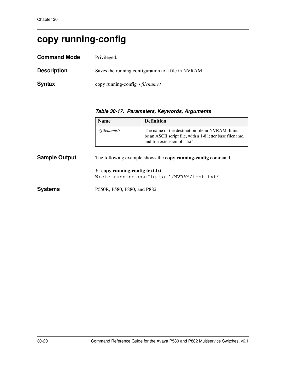 Avaya 106760804 manual Copy running-config, Following example shows the copy running-configcommand 