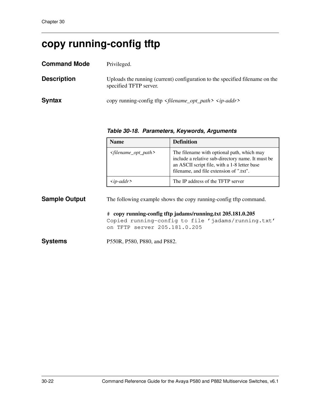 Avaya 106760804 manual Copy running-config tftp, Parameters, Keywords, Arguments 