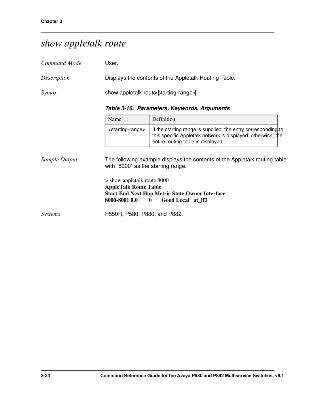 Avaya 106760804 manual Show appletalk route, Parameters, Keywords, Arguments, Starting-range 