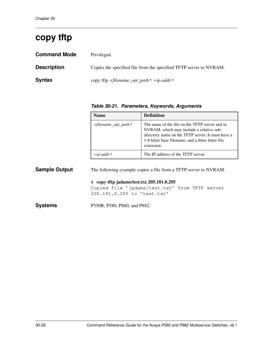 Avaya 106760804 manual Copy tftp, Parameters, Keywords, Arguments 