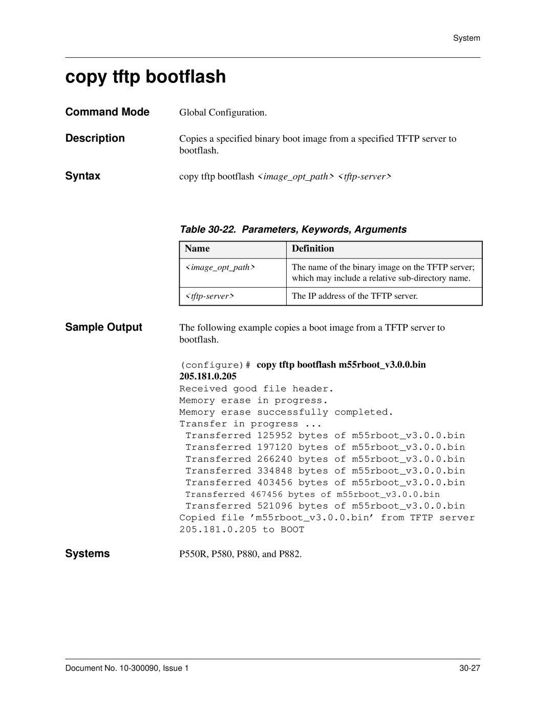 Avaya 106760804 manual Copy tftp bootflash, Configure# copy tftp bootflash m55rbootv3.0.0.bin, Tftp-server 