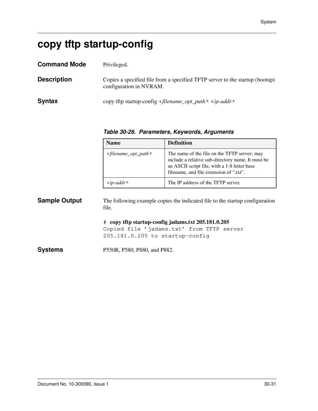 Avaya 106760804 manual Copy tftp startup-config, Parameters, Keywords, Arguments 