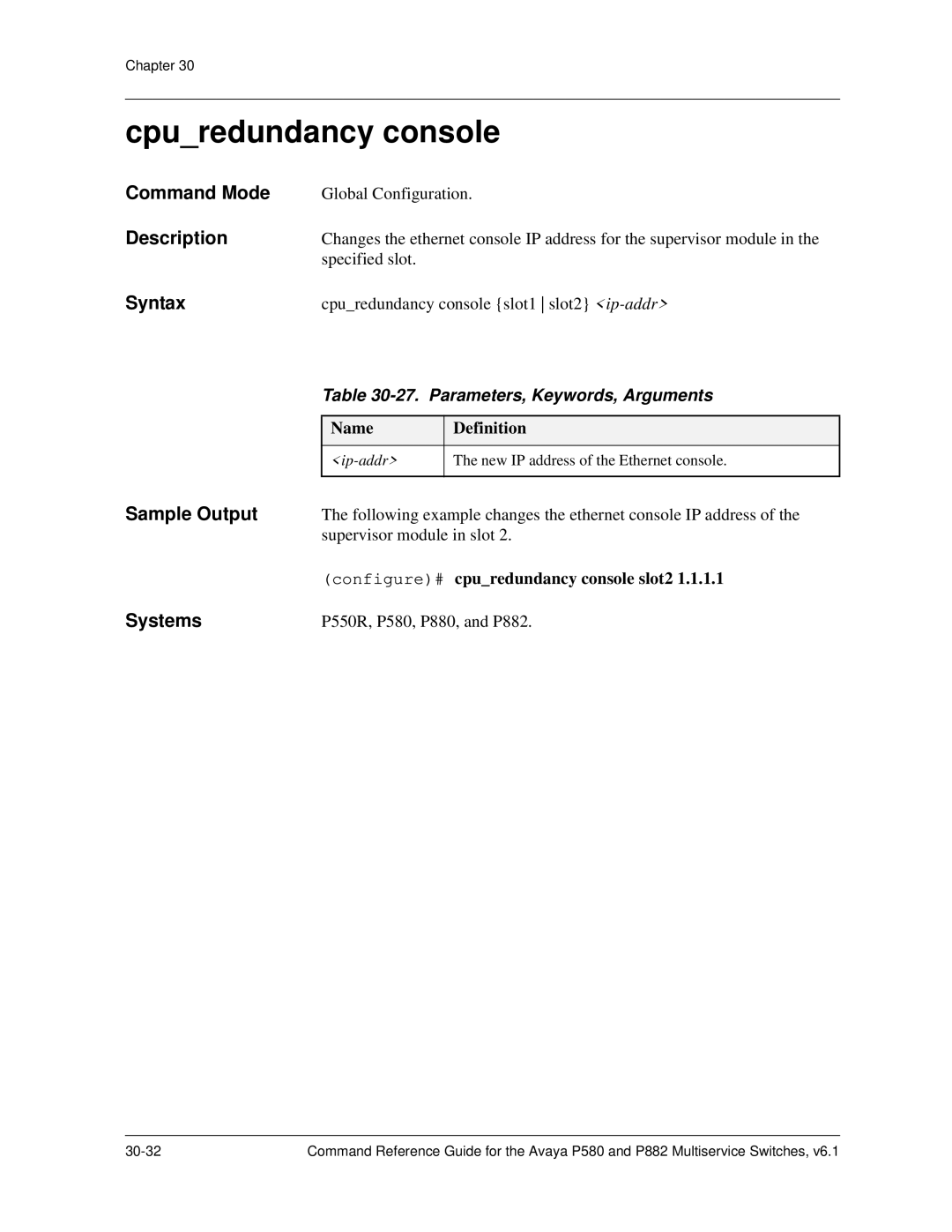 Avaya 106760804 manual Cpuredundancy console, Parameters, Keywords, Arguments 