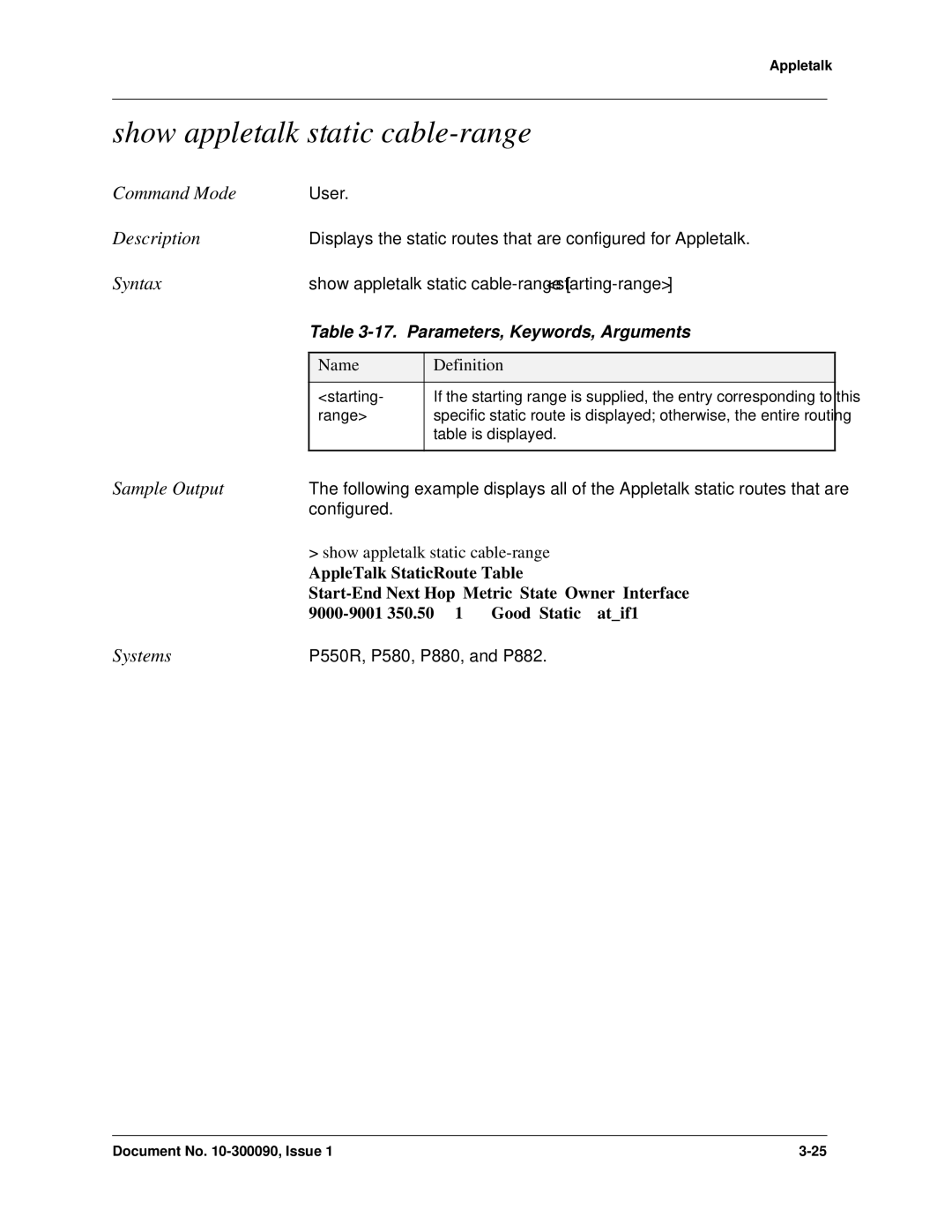 Avaya 106760804 manual Show appletalk static cable-range, Parameters, Keywords, Arguments, Starting, Range 