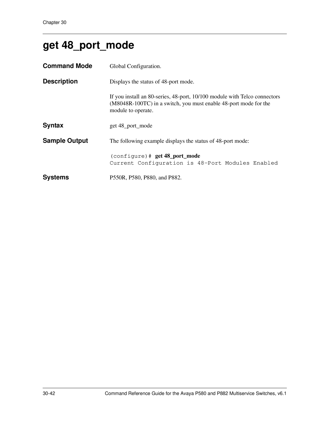 Avaya 106760804 manual Get 48portmode, Configure# get 48portmode 