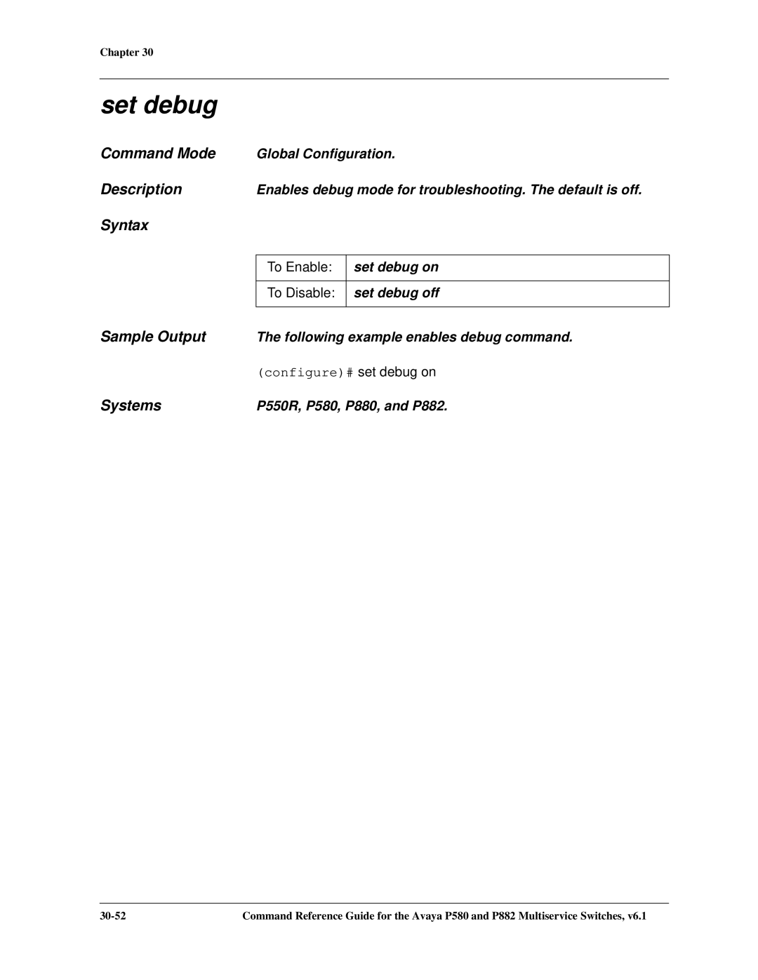 Avaya 106760804 manual Set debug 