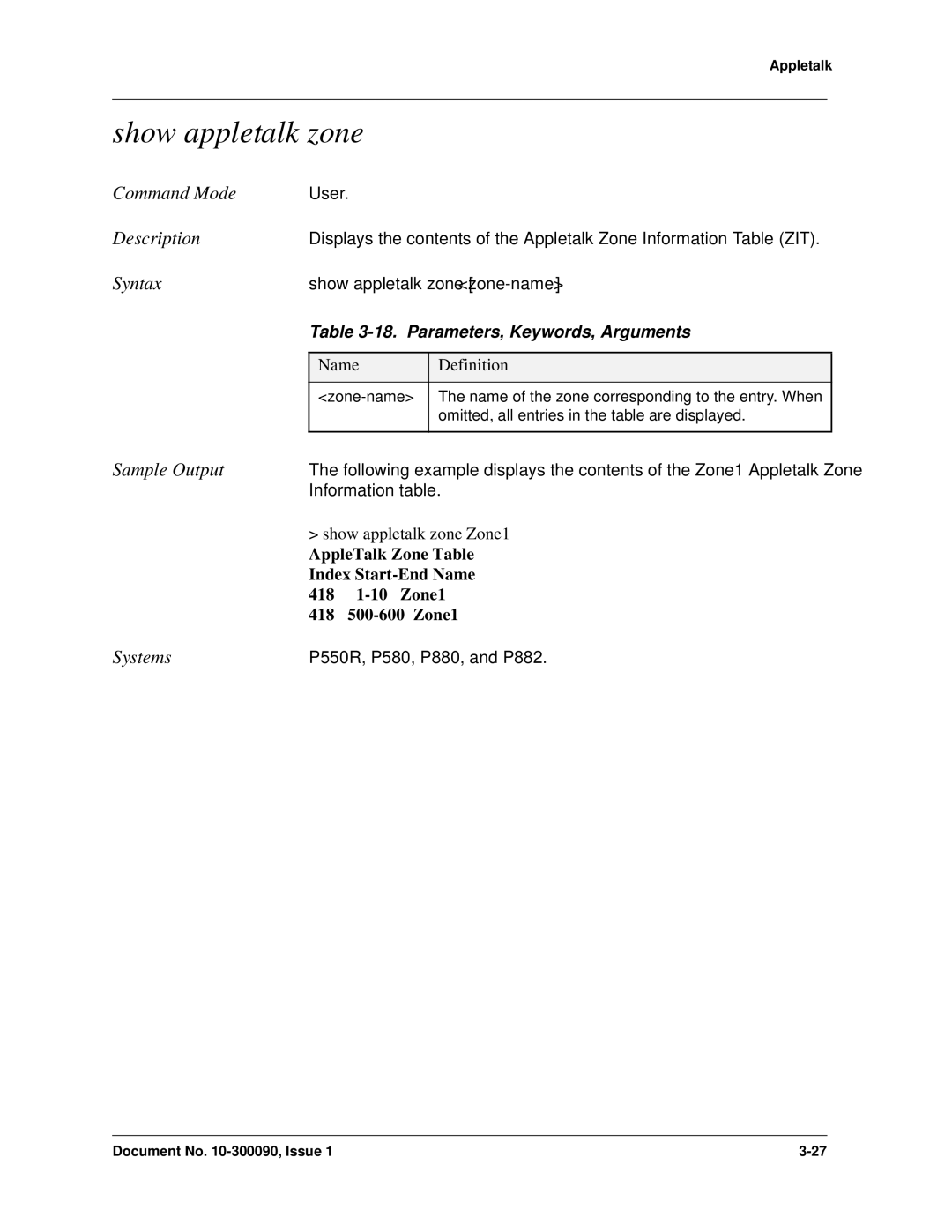 Avaya 106760804 manual Parameters, Keywords, Arguments, Show appletalk zone Zone1 